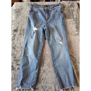 Express High Waisted Straight Leg Distressed Jeans Medium Wash Frayed Hem